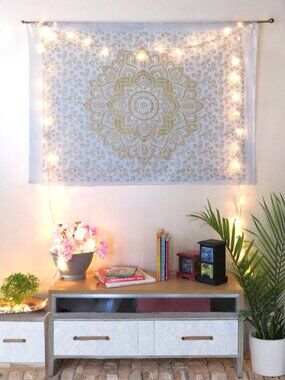 Oussum Wall Hanging Cotton Mandala Floral Design White & Golden Poster Tapestry